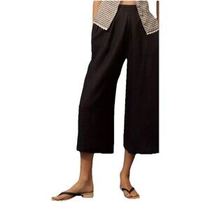 New By Anthropologie Black Linen Pleated Culotte Trousers Size L Retail $138